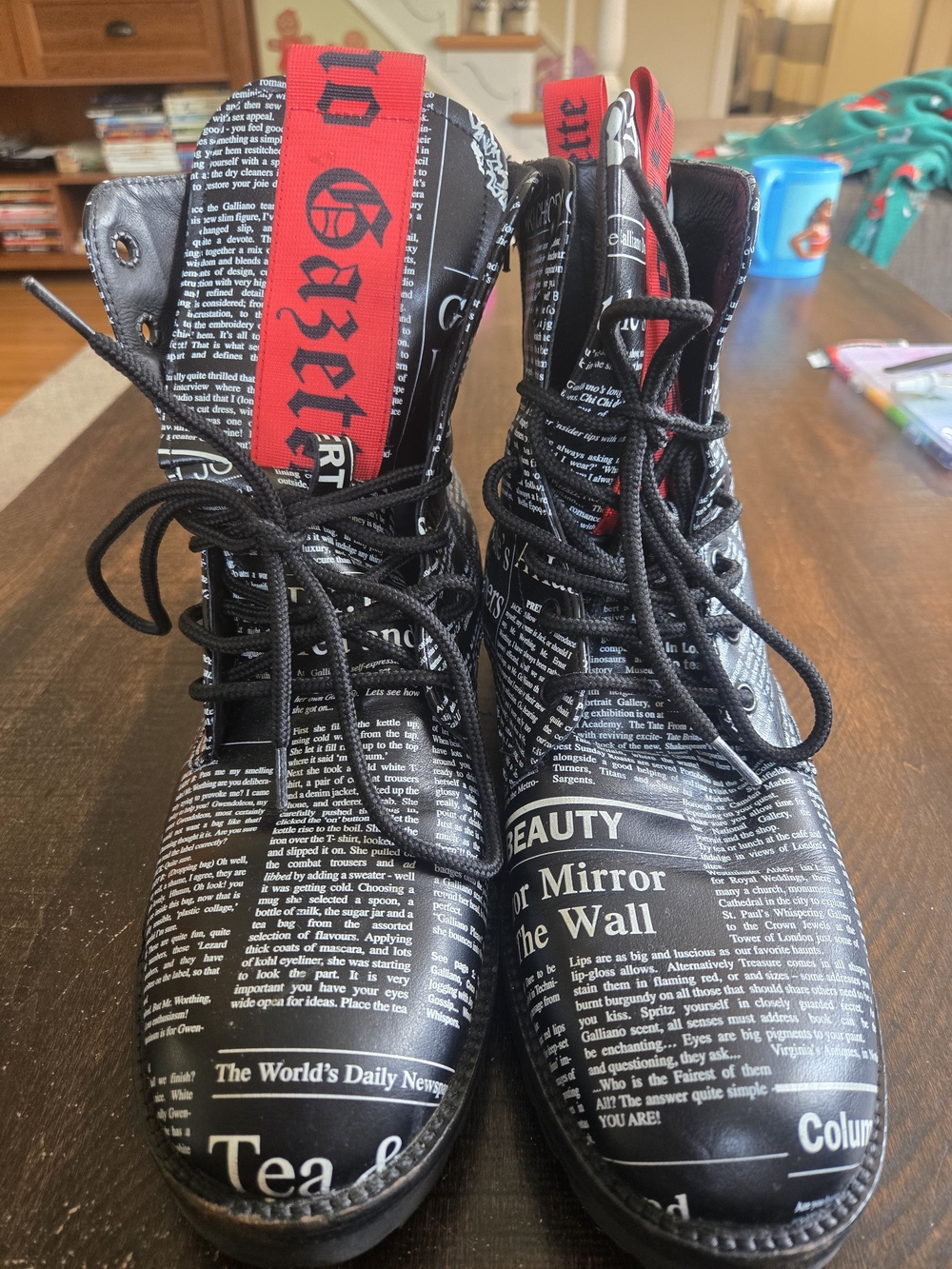 John Galliano Black & White Newspaper Print Combat Boots with Red Pull Tabs